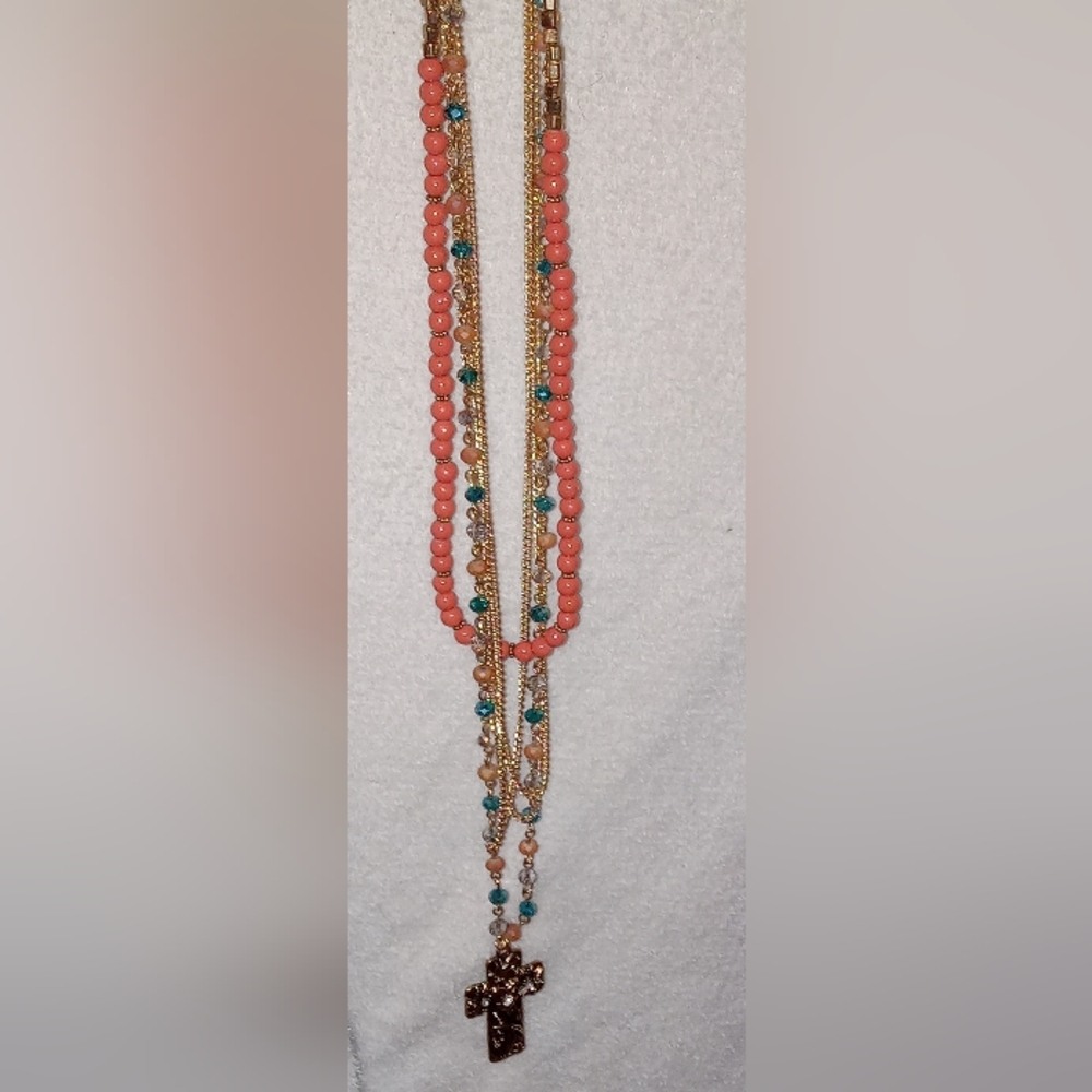 Long layered beaded cross necklace